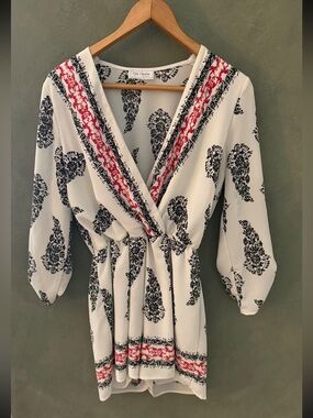 Ces Femme Ladies Boho Romper.  White with Black and Red Floral Design..  Size XS